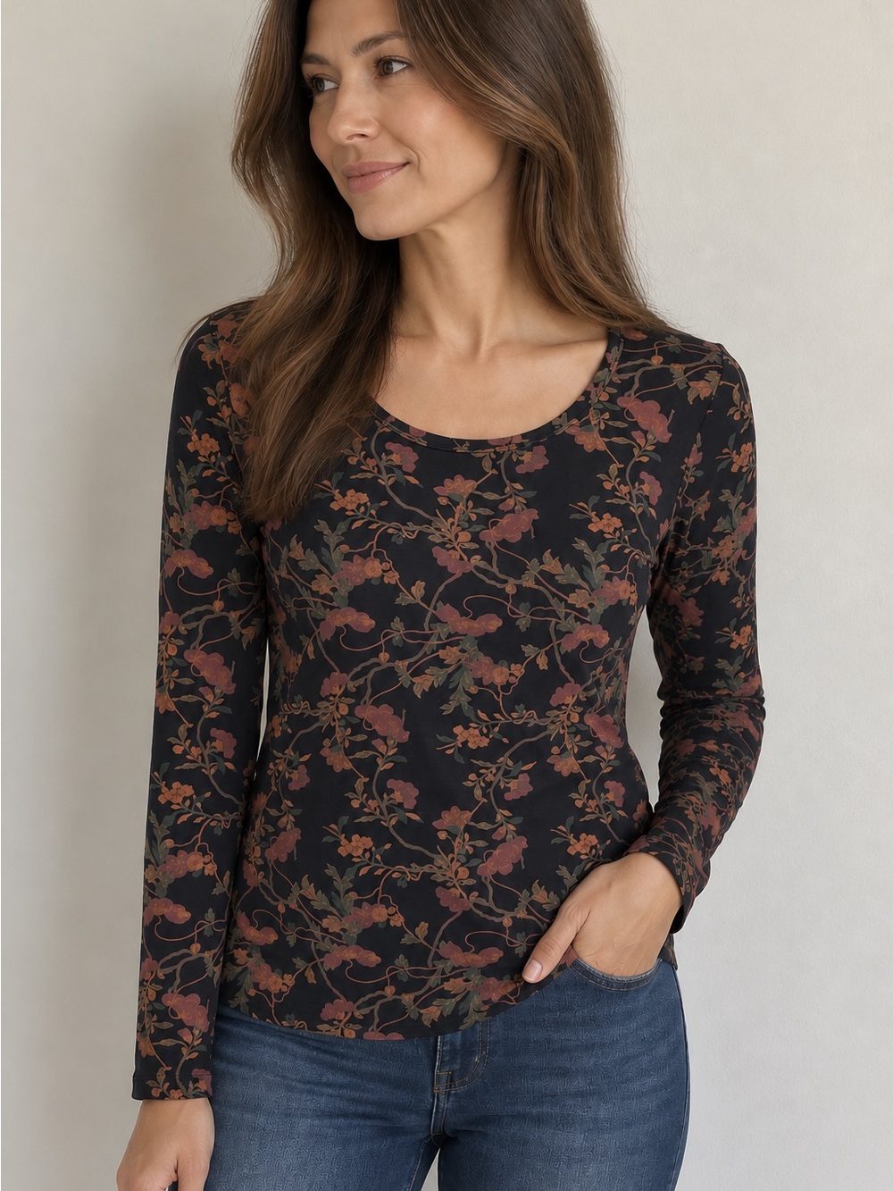 Peruvian Connection Navy Floral Botanical Long Sleeve Top